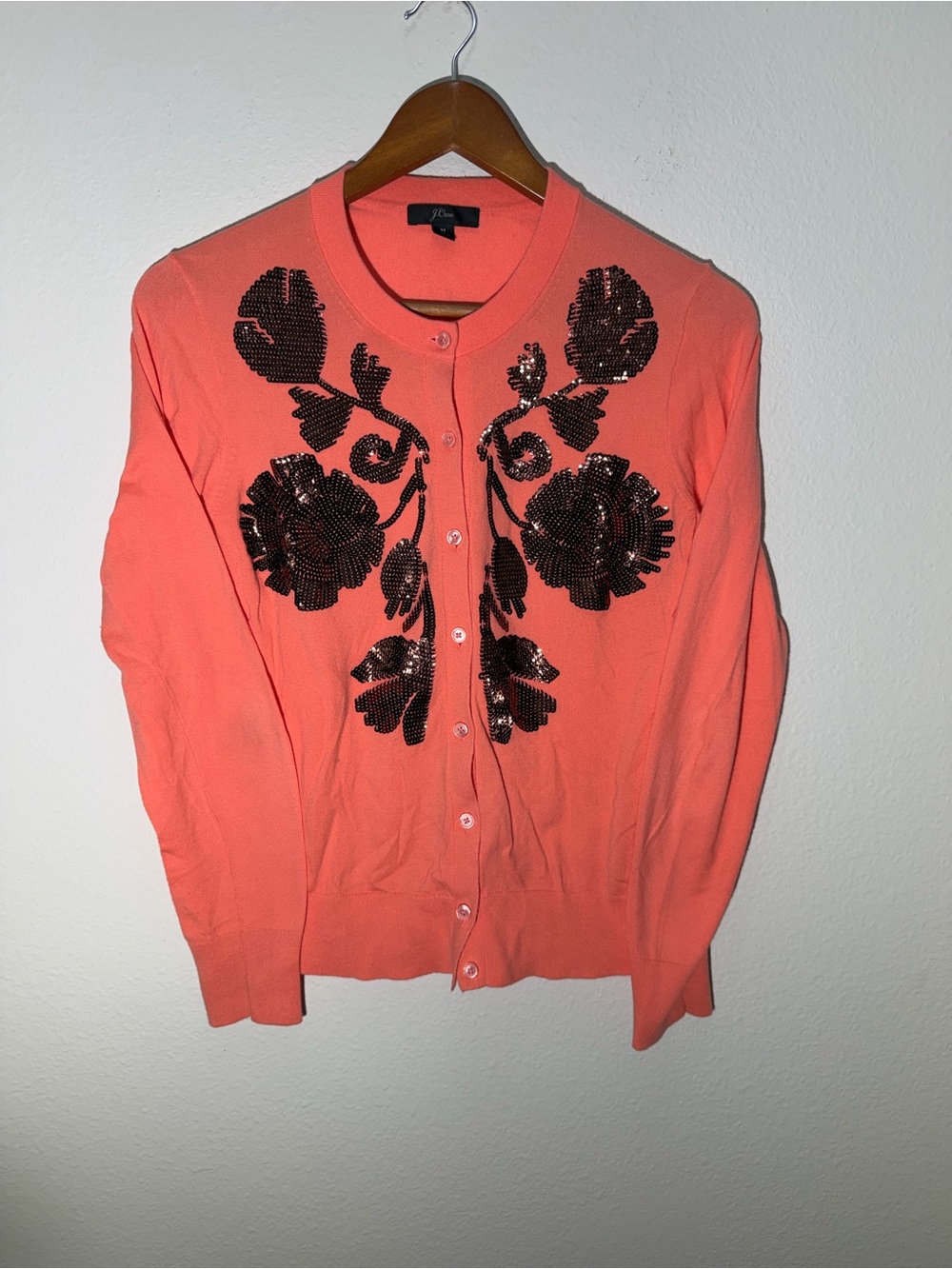 J. Crew Coral Cardigan with Sequin Floral Embellishment